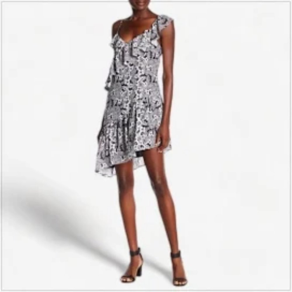 Parker Lyla Dress - Asymmetrical Ruffle Black & White Floral - Medium - NWT